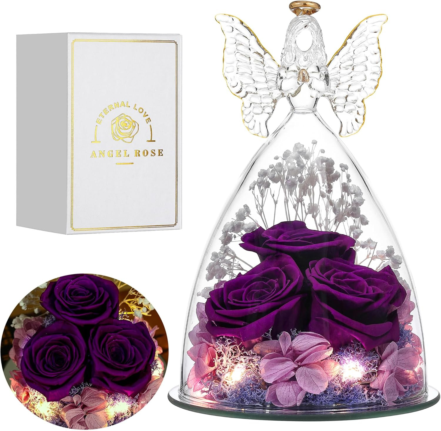 Mothers Day Rose Gifts for Women Preserved Real Flower in Glass Angel Figurines