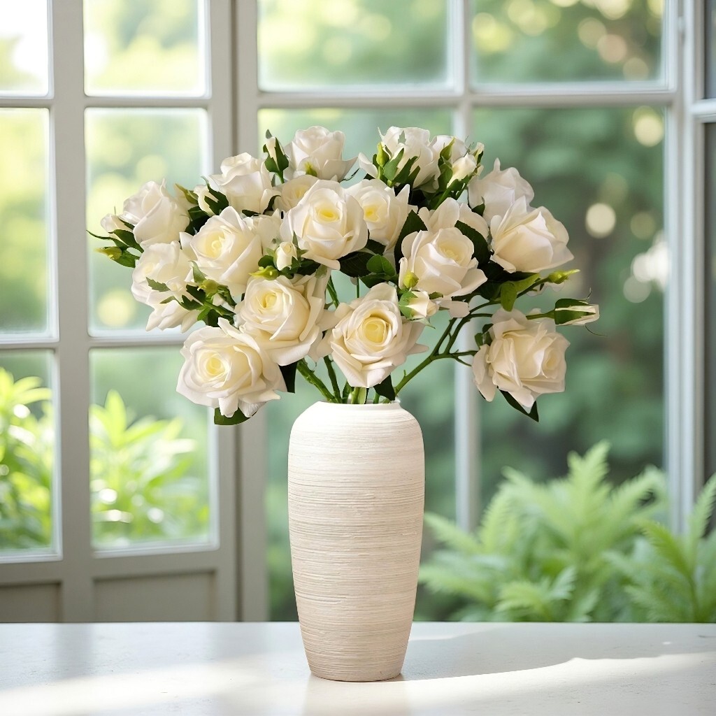 10pcs Artificial 3-Head Roses – Each Stem Features 2 Full Blooms and 1 Bud.Gift