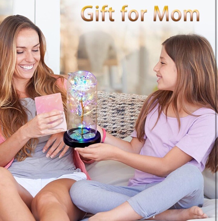 Valentines Gift For Her w/Greeting Card, Colorful Light Up Rose in A Glass Dome