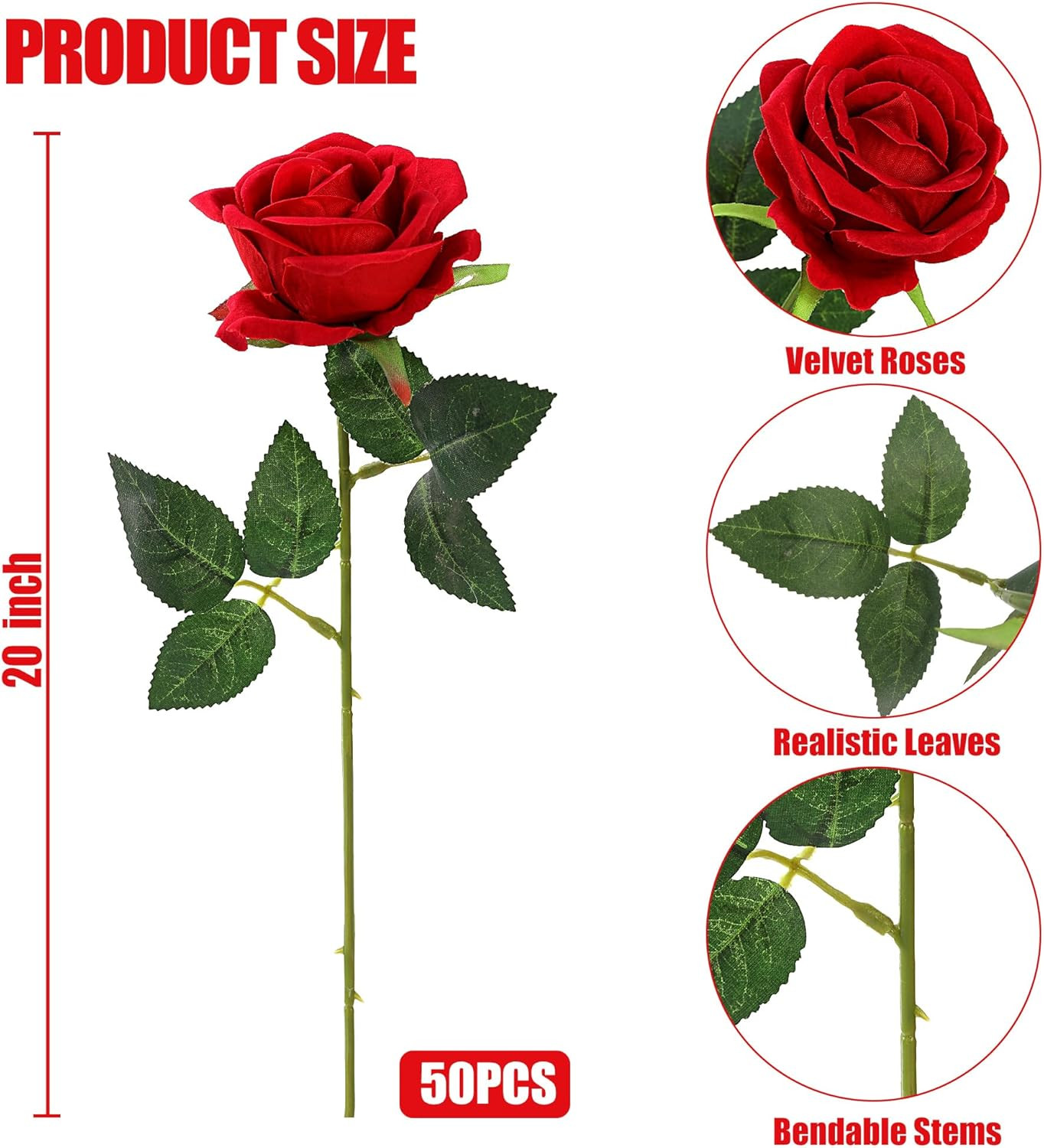 50 Pcs Artificial Roses Red Flowers Fake Velvet Silk Roses with Stems Bulk Reali