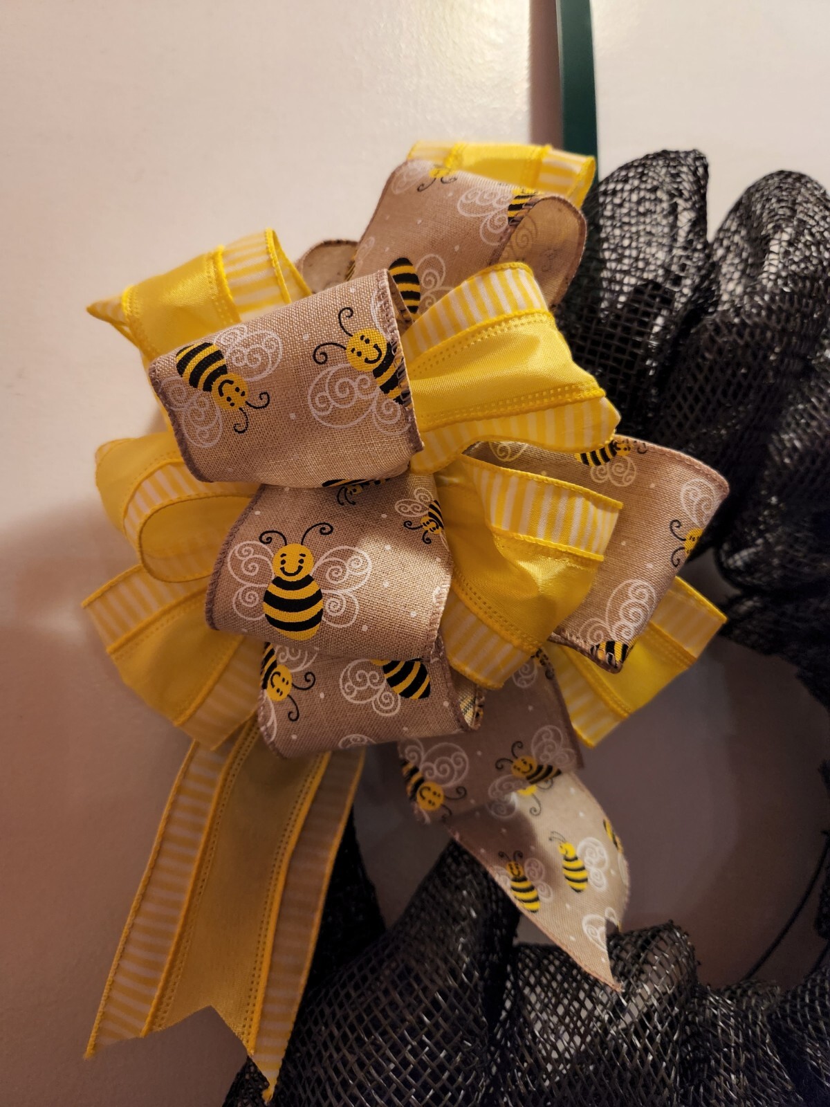 16 inch Handmade Poly Deco Mesh Black Wreath with Yellow Bumble Bee Bow