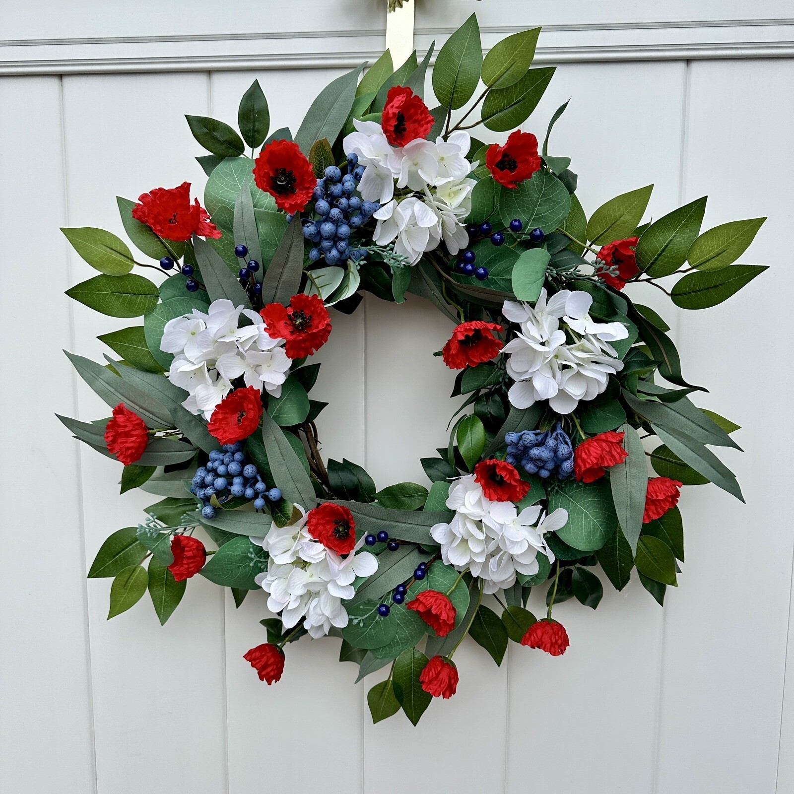 Hydrangea, Red Poppy, Blueberry,and Ficus 22” Wreath