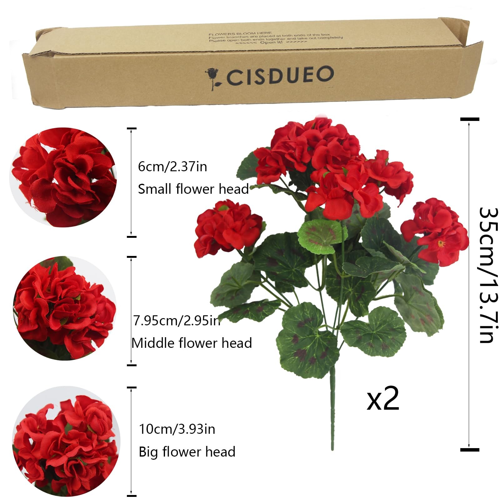 2-Pack Pcs Artificial Geraniums Silk Flowers Outdoor Artificial Red for Floral
