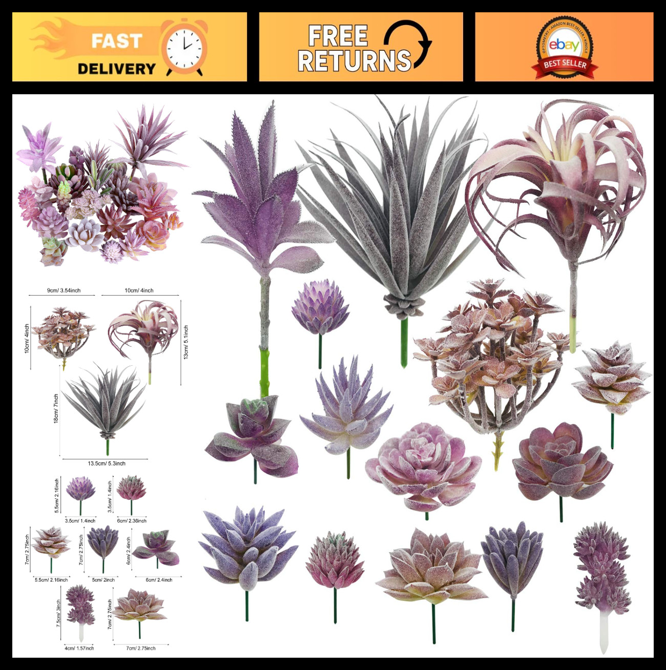 15 PCS Artificial Succulent Plants – Purple Faux Succulents for Home Decor, DIY