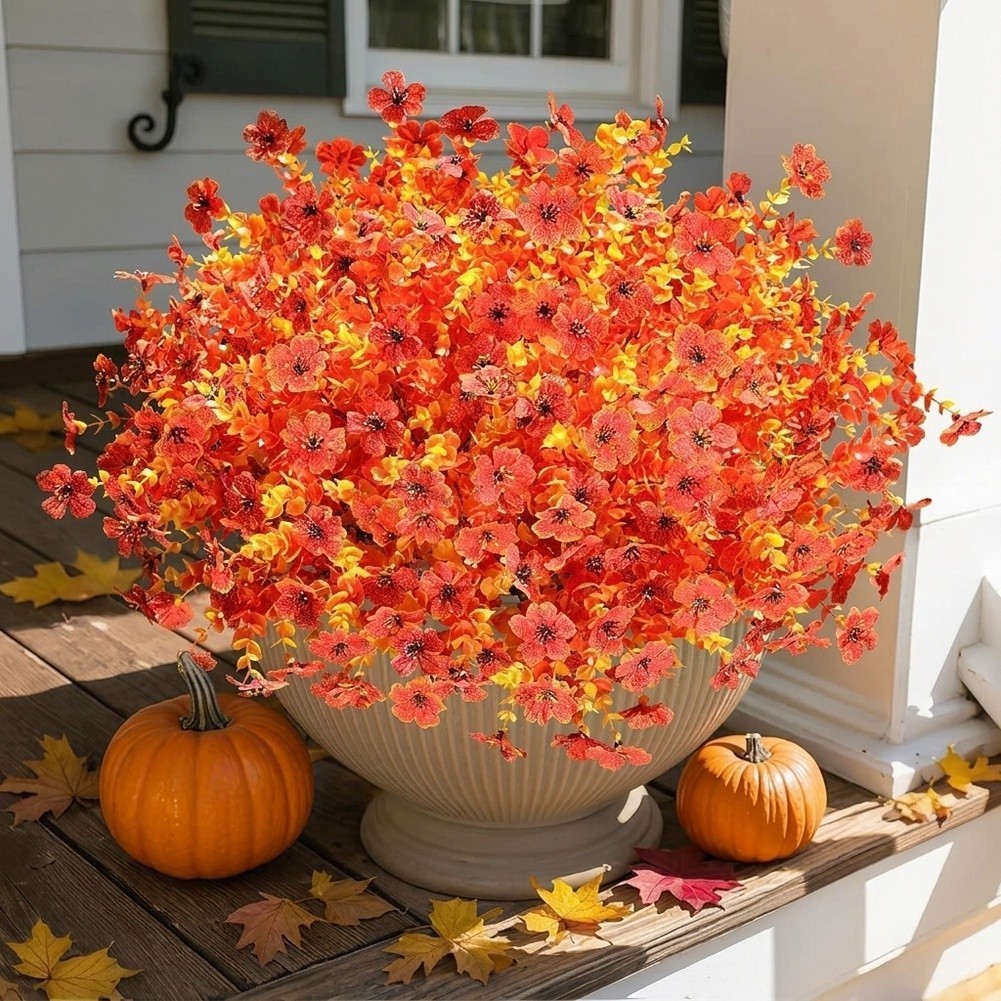 12 Pack Artificial Orange Mums For UV Resistant Autumn Flowers 35cm Plastic