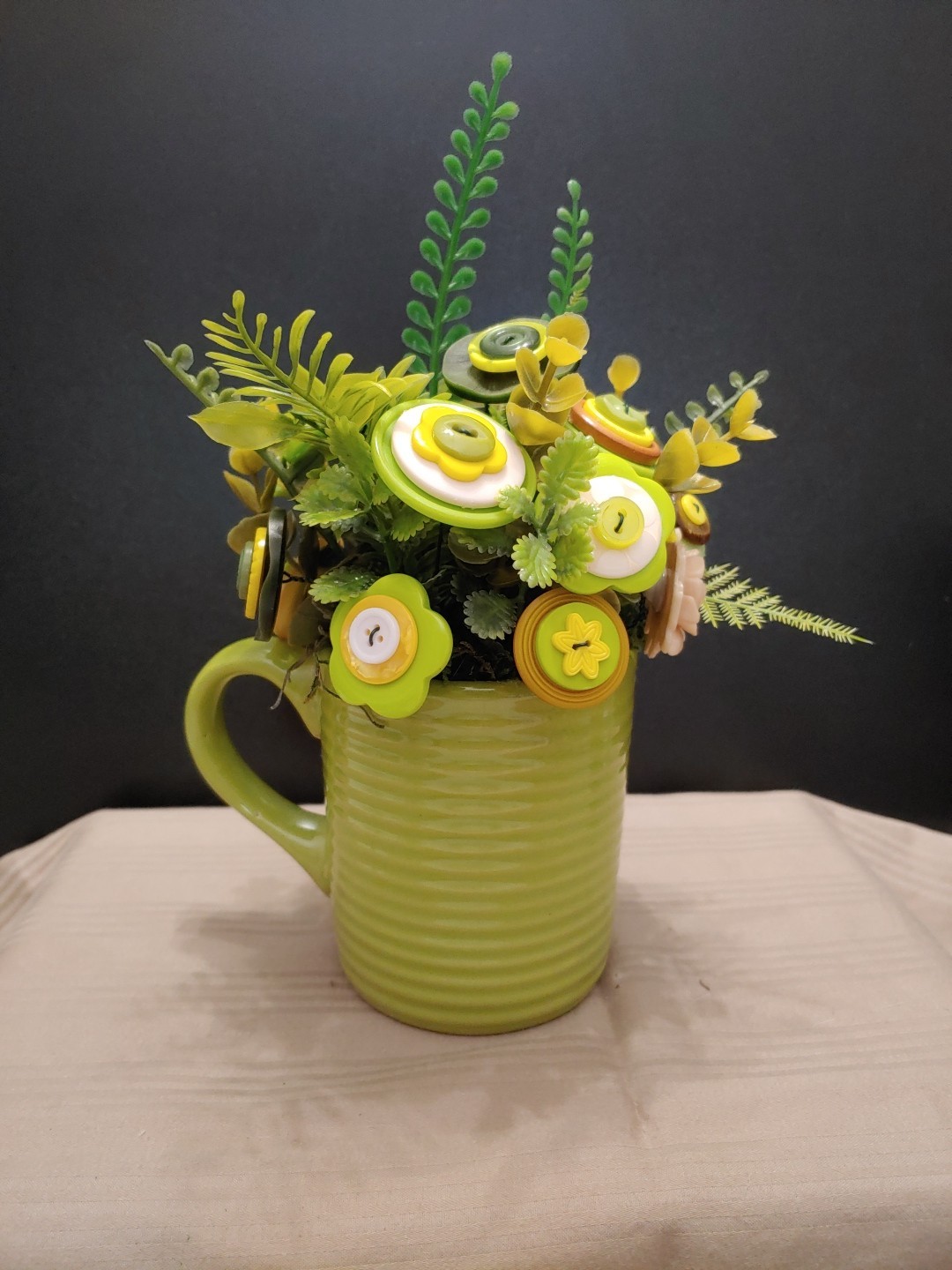 Green Yellow Button Flower Bouquet In Lime Green Coffee Mug Vintage