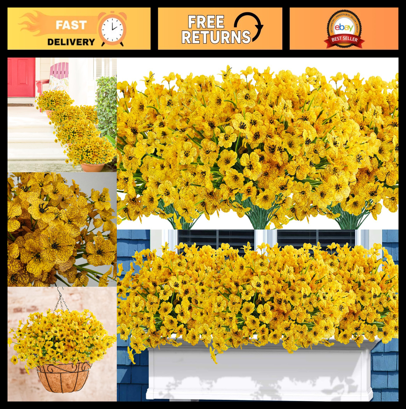 72 Bundles UV Resistant Yellow Artificial Flowers for Outdoor Home Garden Décor