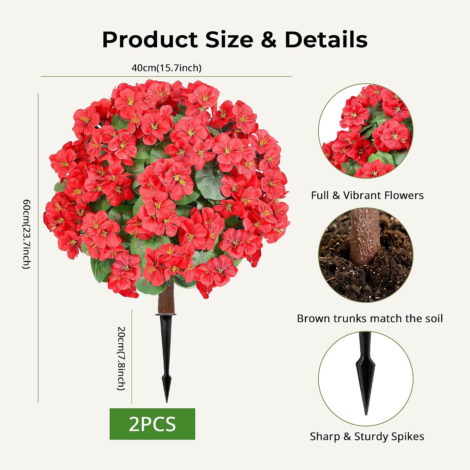 2 Set 24″ Artificial Geraniums with Stakes Outdoor, UV Resistant Artificial