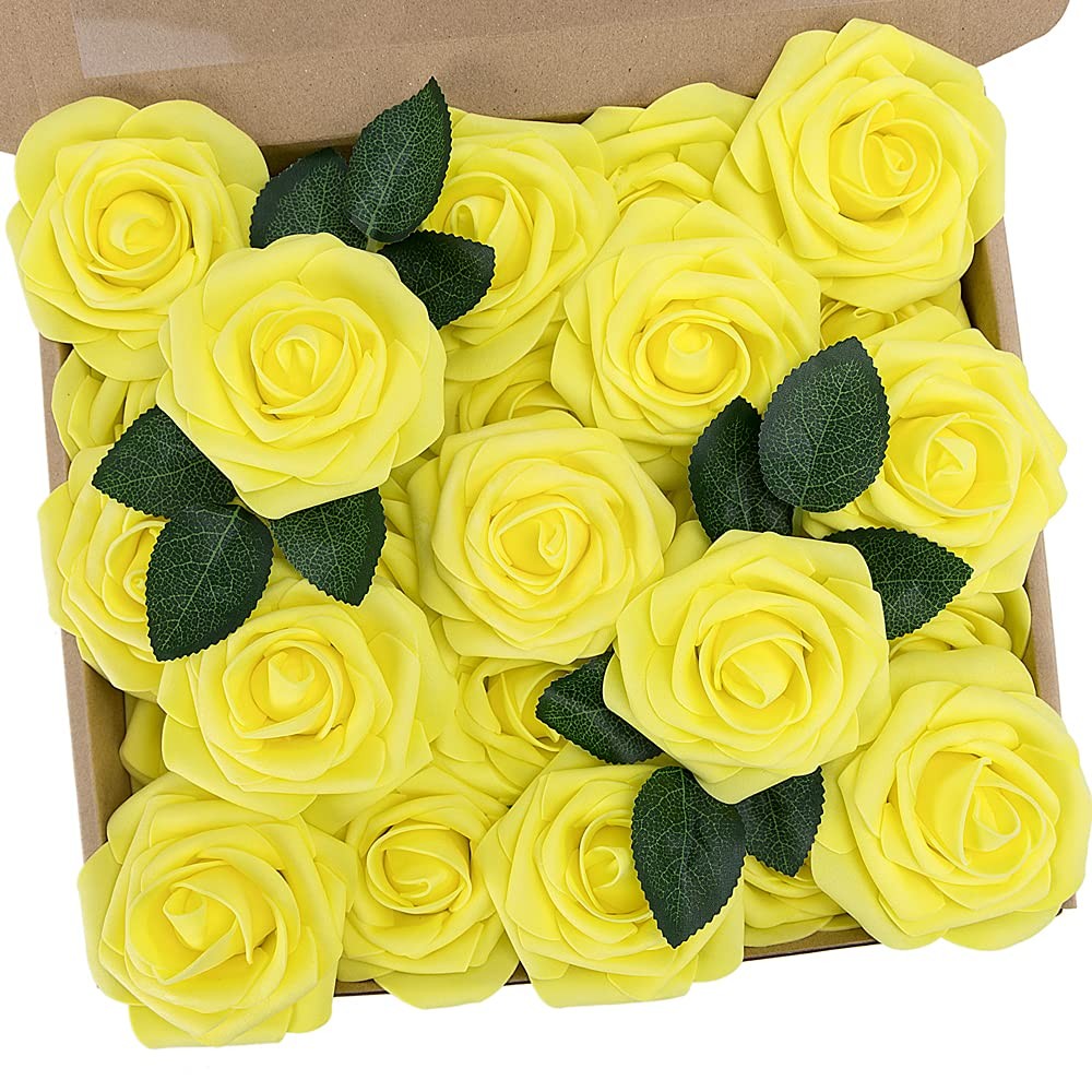 25 PCS Artificial Flowers Yellow Fake Roses for Wedding Bouquet DIY Decor