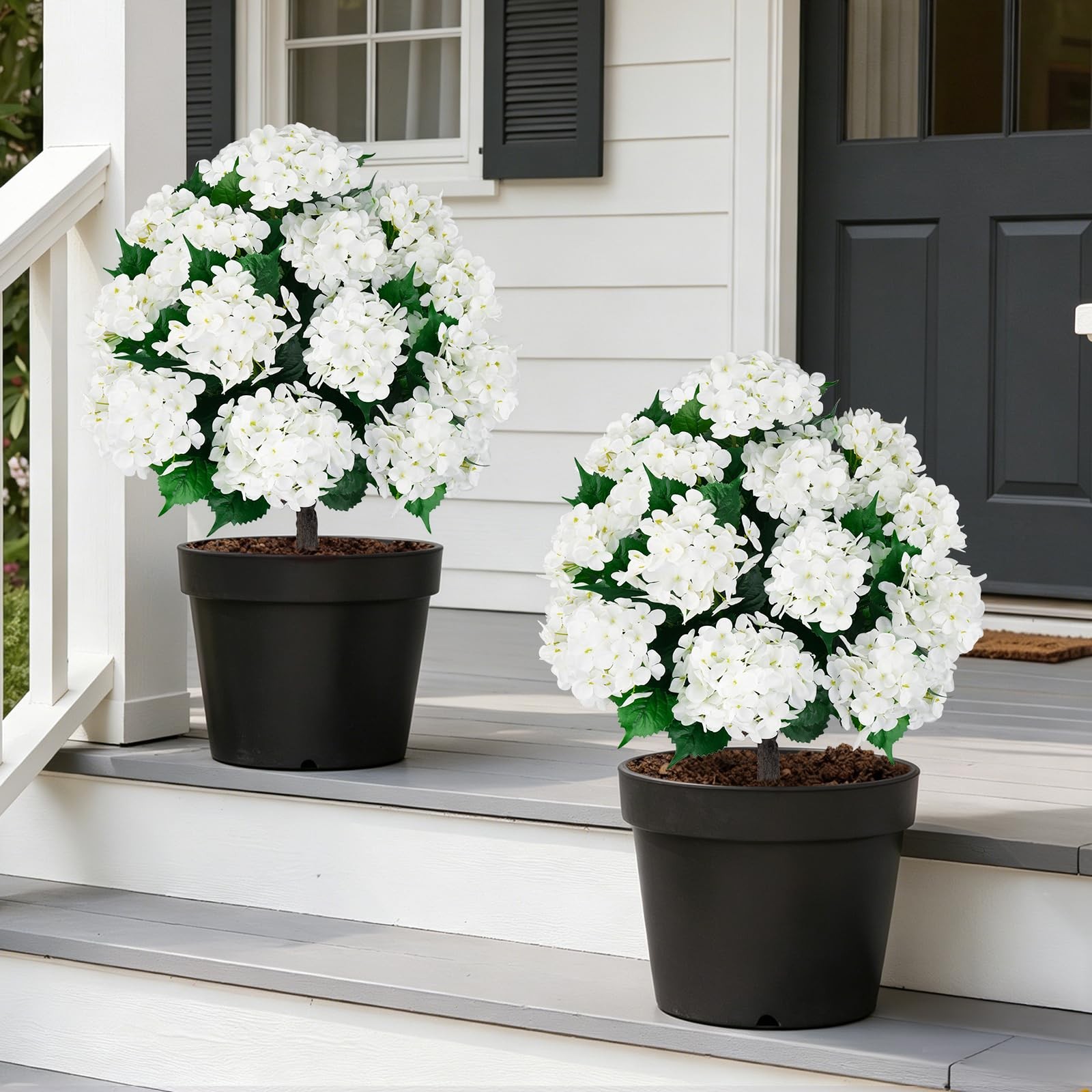 Artificial Topiary Ball Tree with White Hydrangea, Set of 2 UV Resistant Shru…