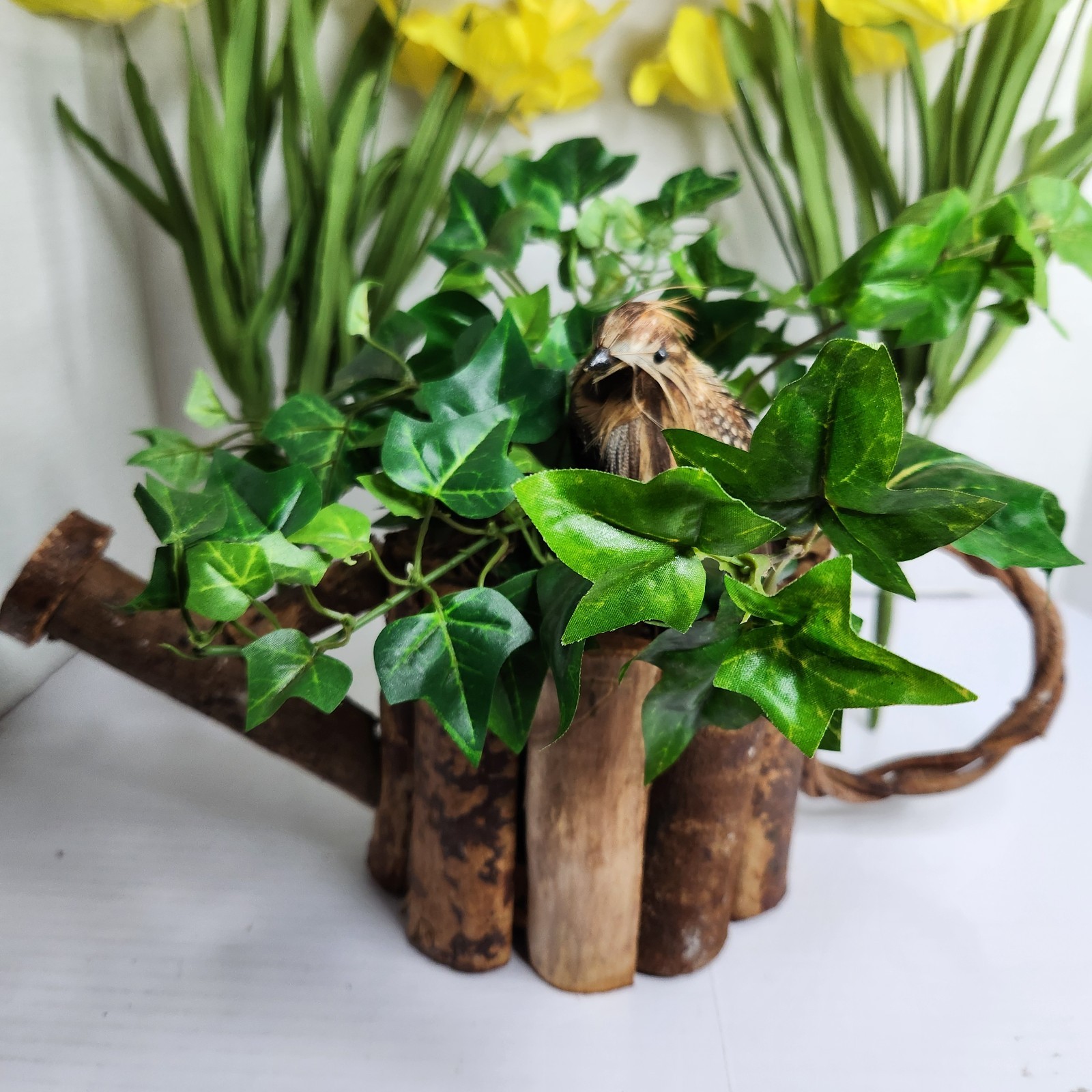 Vintage World Bazaar Faux Daffodil Flowers Rustic Log Watering Can Planter Decor