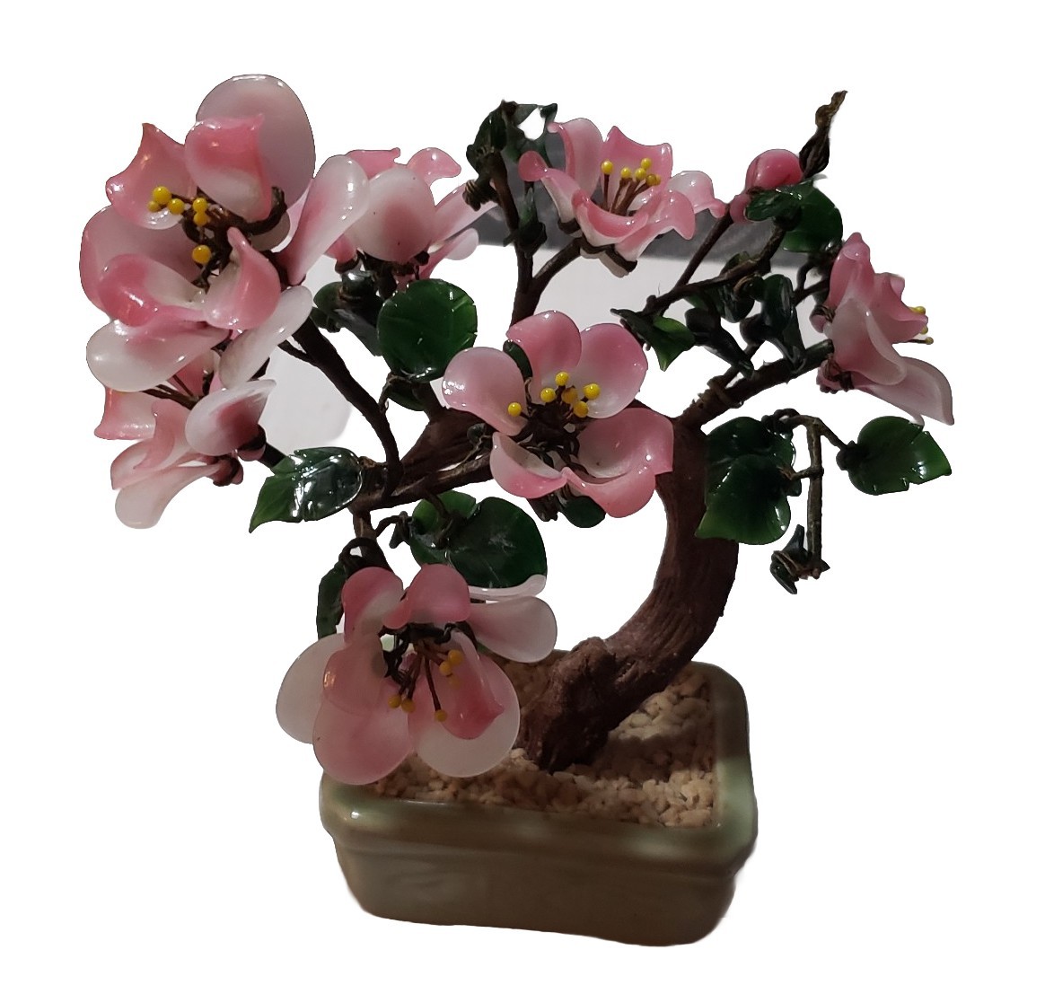 VTG Cherry Blossom Jade? Gemstone Leaves Bonsai Tree Rose Quartz Petals *Cracks
