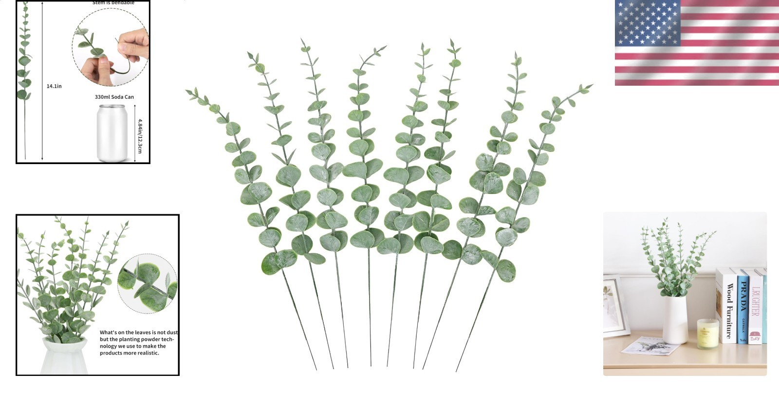 8 Pcs Grey Green Eucalyptus Stems Realistic Fake Leaves for Floral Decor