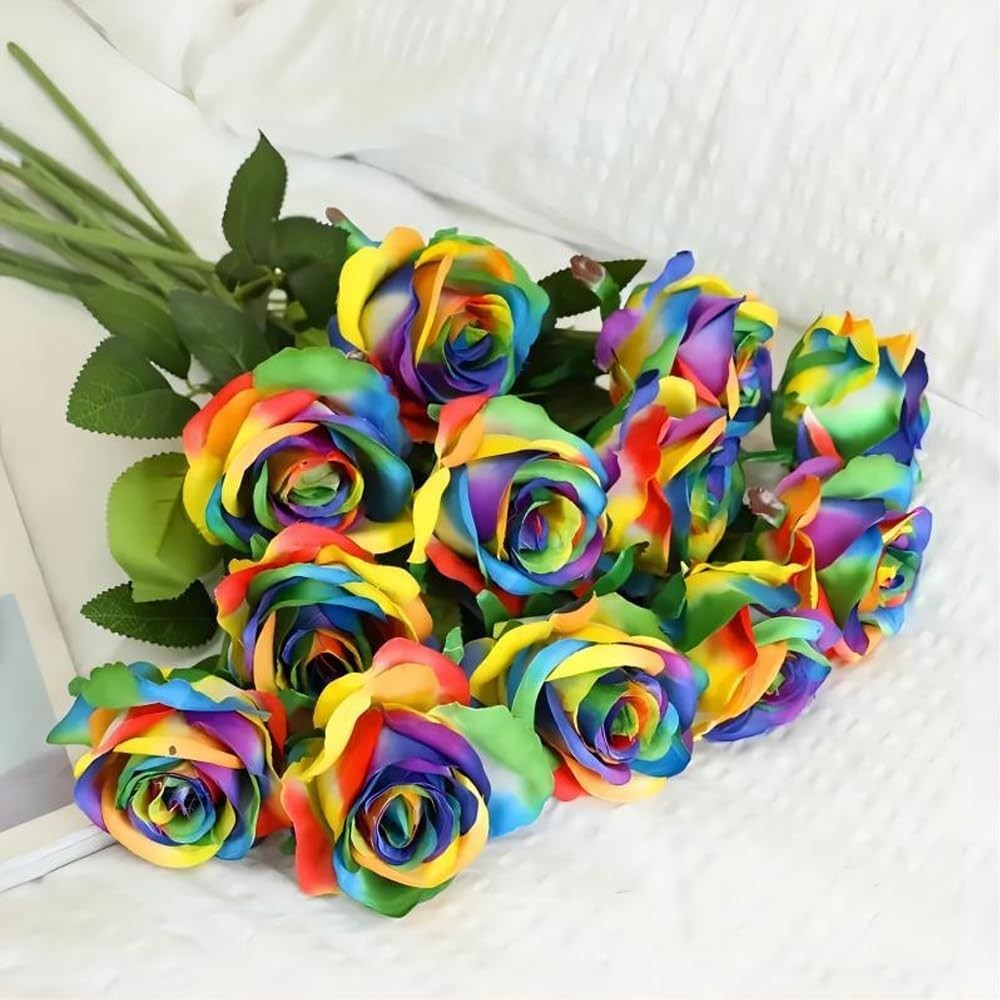 12 PCS Artificial Flowers Rainbow Roses Silk Flowers Fake Long Stem Artificial