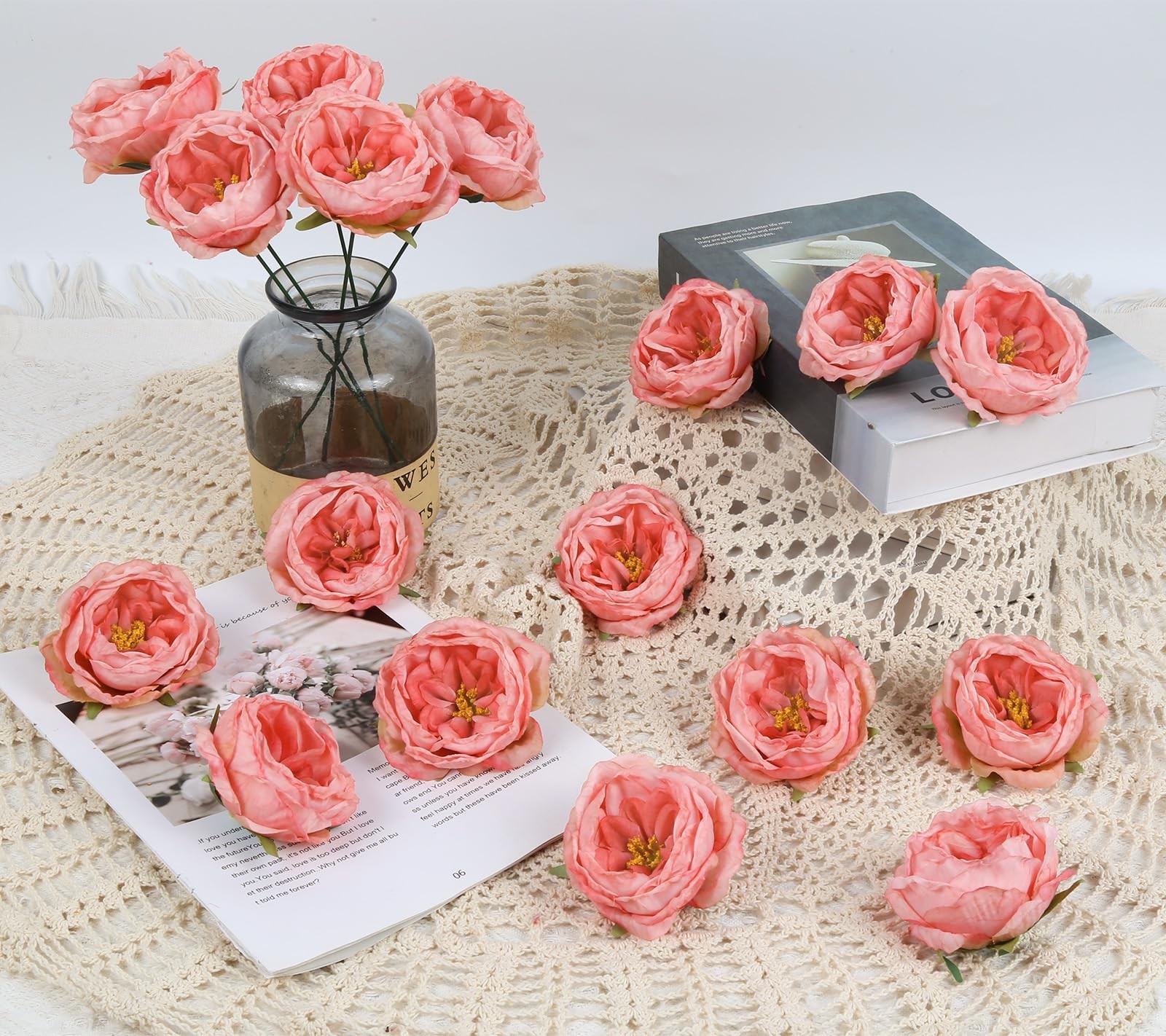 16Pcs Artificial Austin Rose Peonies Flowers with Stems Look Real Pink Fake P…