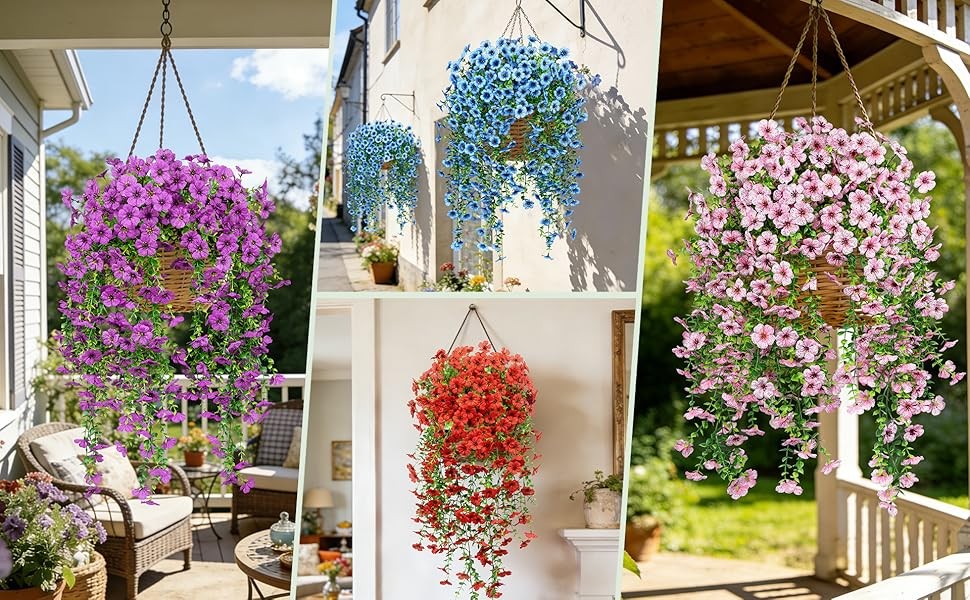 4 Pcs Artificial Hanging Flowers for Outdoors, Purple Mixed | Fake silk daisy