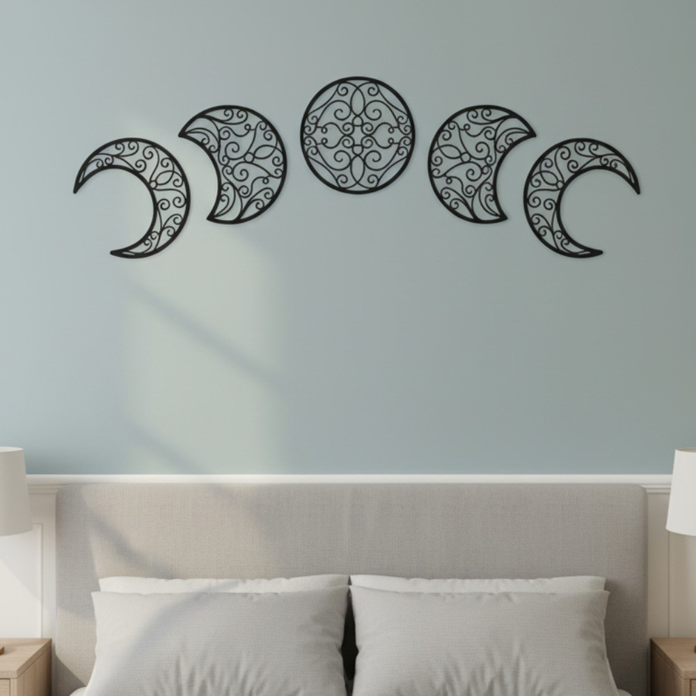 5-Piece Black Moon Phase Metal Wall Art – Nordic Boho Living Room Bedroom Decor