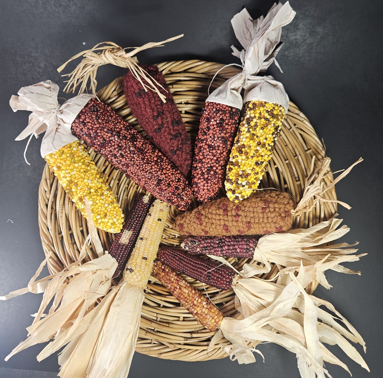 Beaded Indian Corn Cob Mix Lot Styrofoam Acrylic Yarn Thanksgiving Autumn Decor