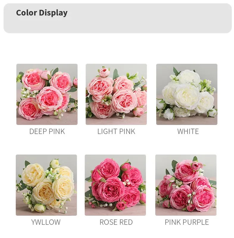 30cm Rose Pink Silk Peony Artificial Flowers Bouquet 5 Big Head and 4 Bud Cheap