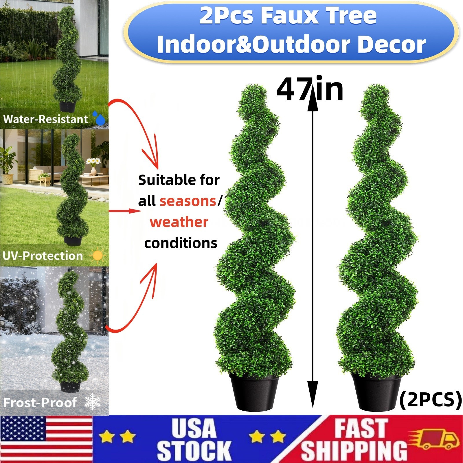 47’ Artificial Boxwood 2 Pack Spiral Topiary Tree UV Home Decor Green In/Outdoor