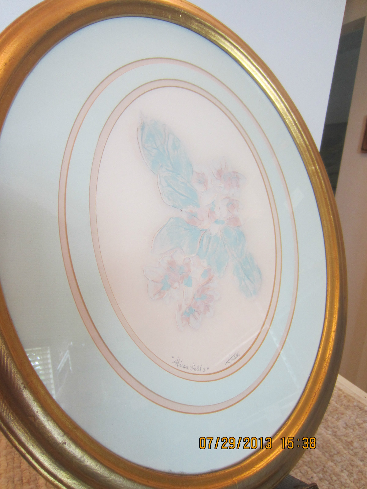 OVAL FRAMED & MATTED FLORAL ACRYLIC PAINTING