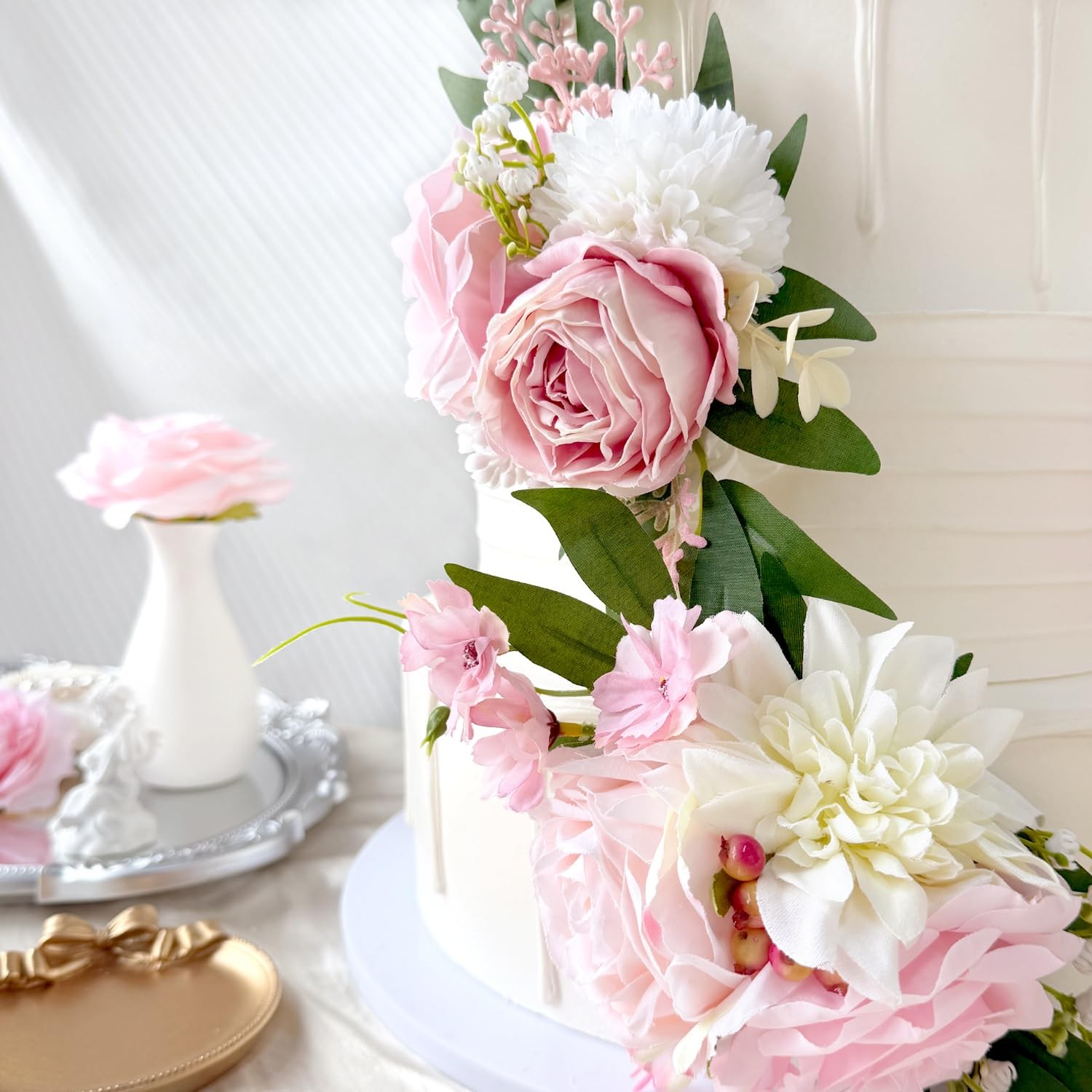 Blush Pink Artificial Cake Flowers Pre-Made Light Pastel Pink White Silk Rose…