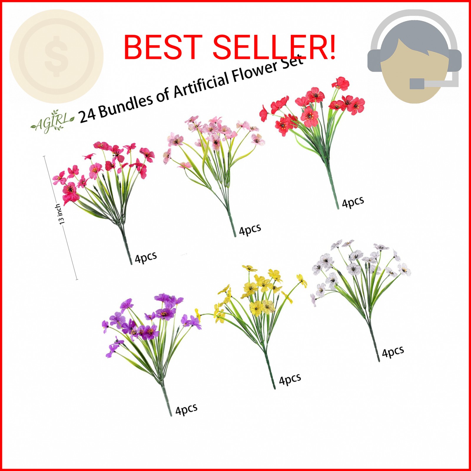 AGIRL 24 Bundles Artificial Flowers for Outdoor,Fake Flowers No Fade Plastic Fau