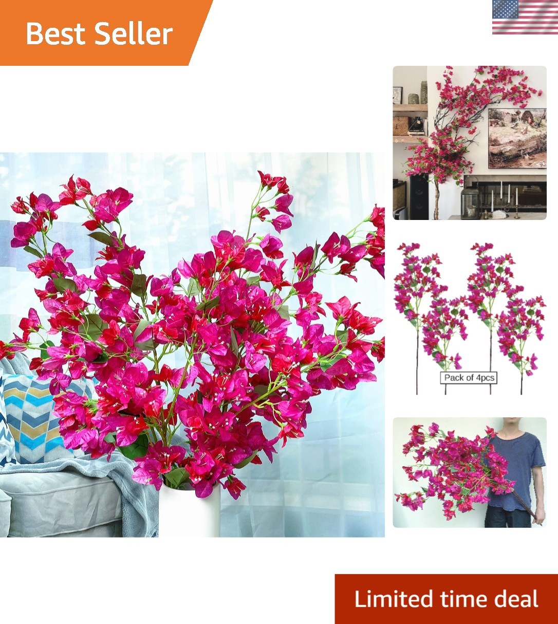 4pcs 45″ Faux Bougainvillea Stems – Perfect for Bridal Bouquets & Centerpieces