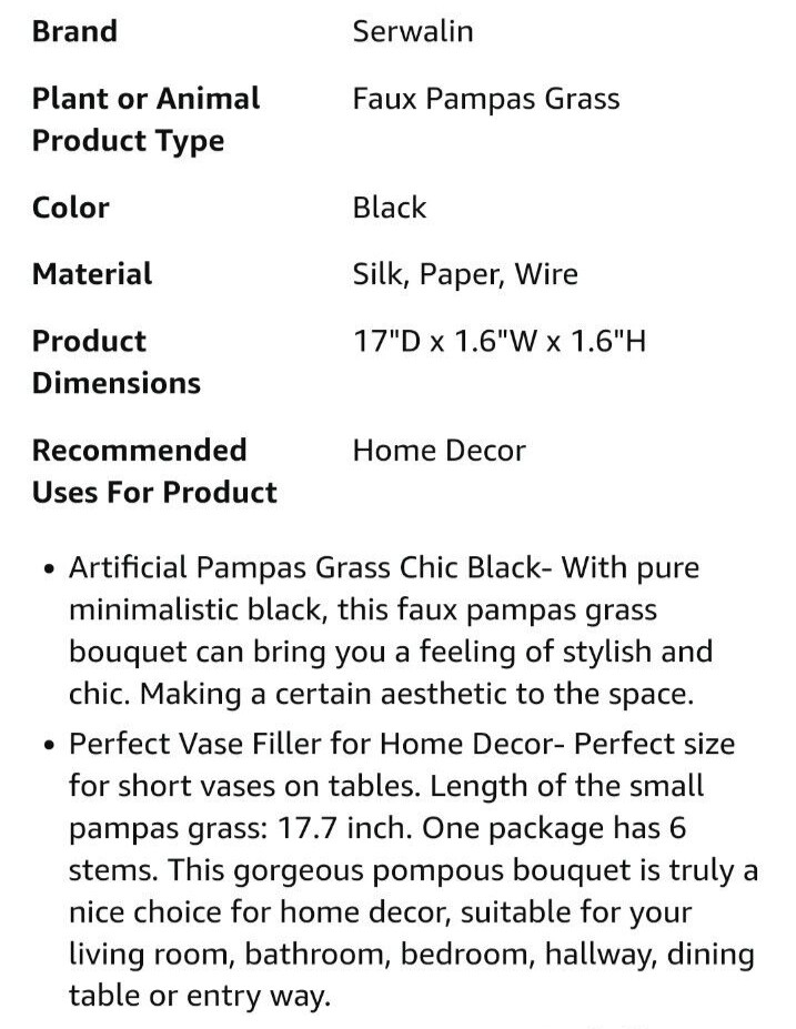 Serwalin Black Pampas Grass Black 17 In 6pcs Faux Pampas Grass Short Artificial