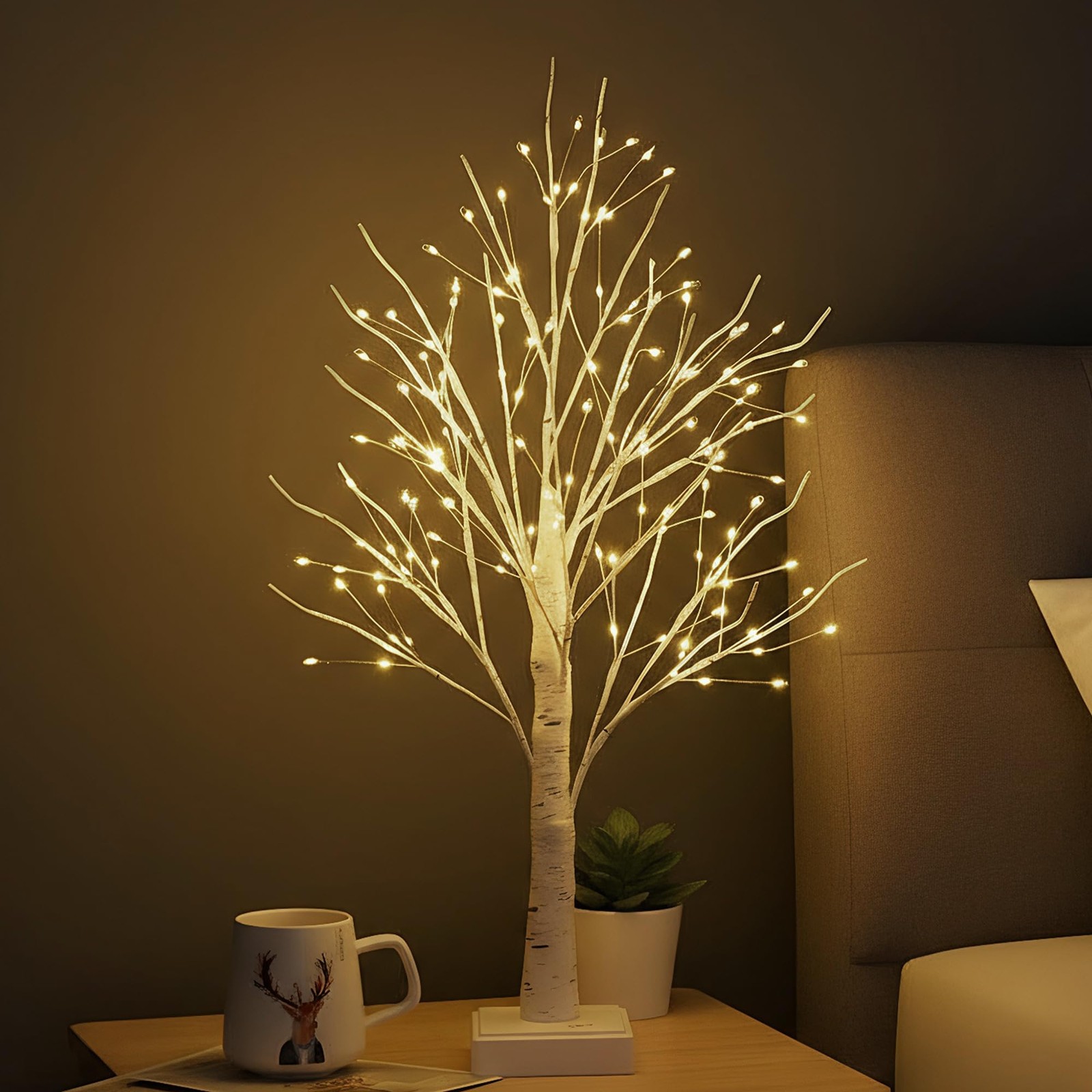 Lighted Trees for Indoor Decor with Timer, 144 LED 2FT White Light up Birch T…