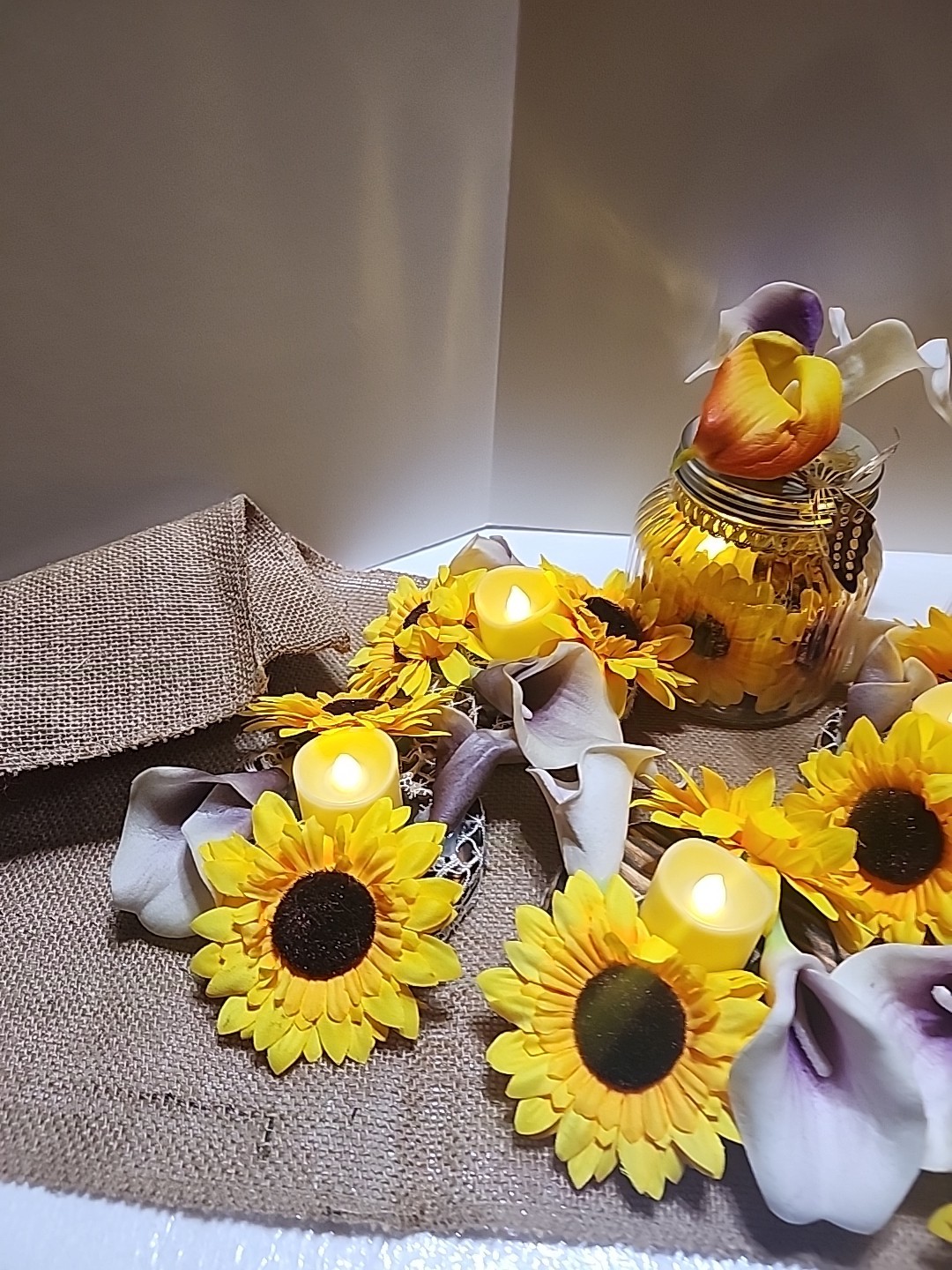 Sunflower Display W/ Lights 70 Inch Burlap 3 Canning Jar 10 Floral Candle Holder