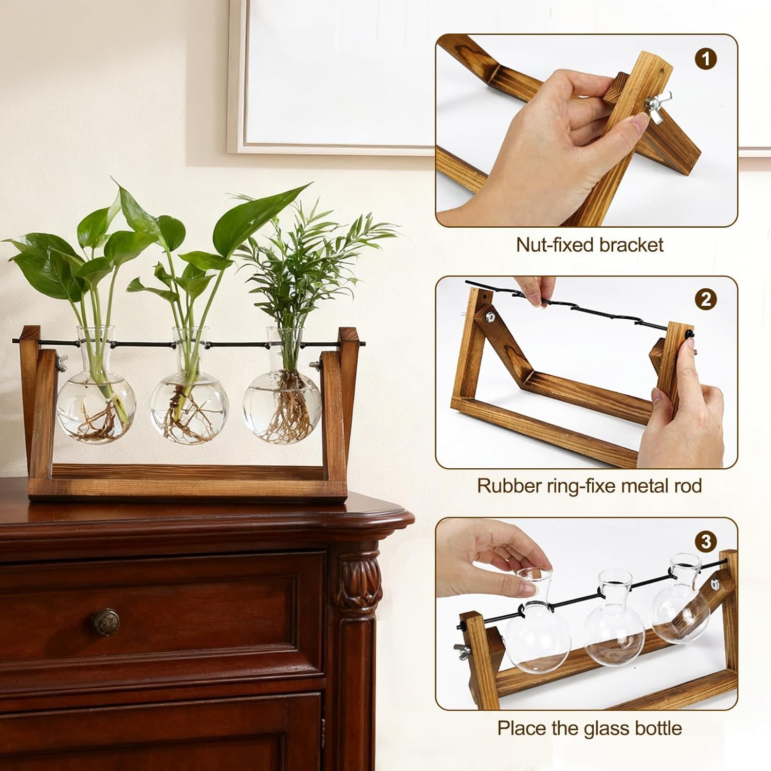 Plant Propagation Stations W/ Wooden Stand & 3 Glass Bulb Vases Plant Terrarium