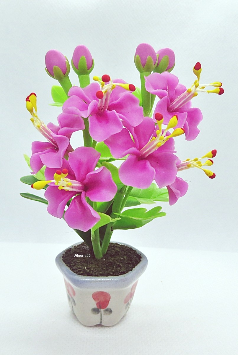 US Stock 4″H Handmade Miniature Air Dry Clay Hibiscus Arranged in Ceramic Pot