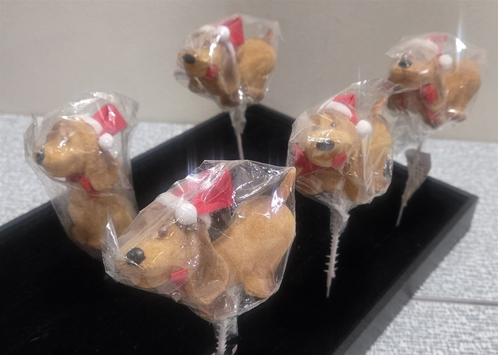 Vtg LOT of 5 Small FLOCKED DOG Wearing SANTA HAT Floral PICKS Christmas NOS