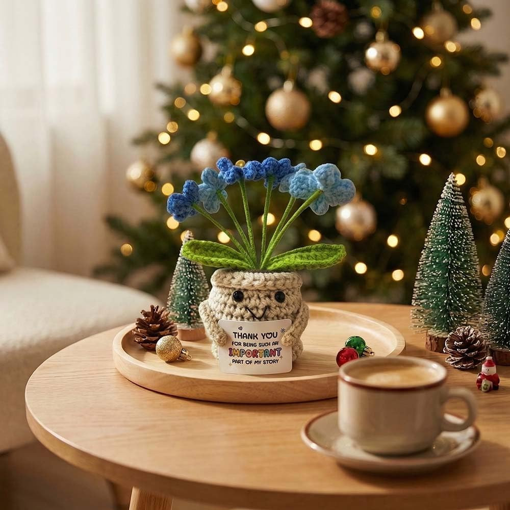 Crochet Positive Flowers Potted Plants, Fake Forget Me Not Flowers Doll for Frie