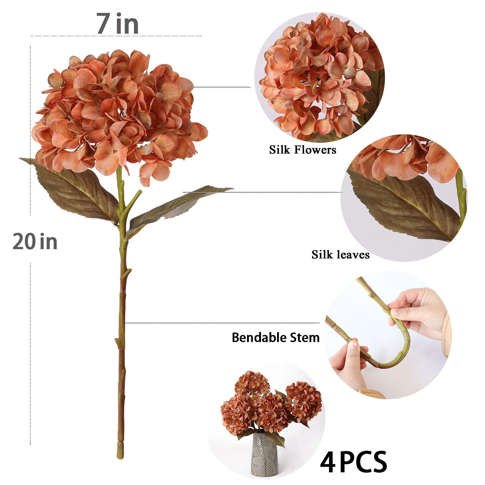 4Pcs Burnt Orange Artificial Hydrangeas Flowers Large Fake Silk Hydrangea Flo…