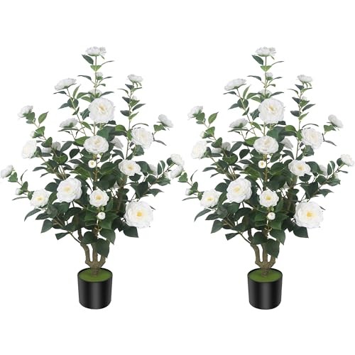 2Pack 39.37in Artificial Camellia Trees Cement Pots White