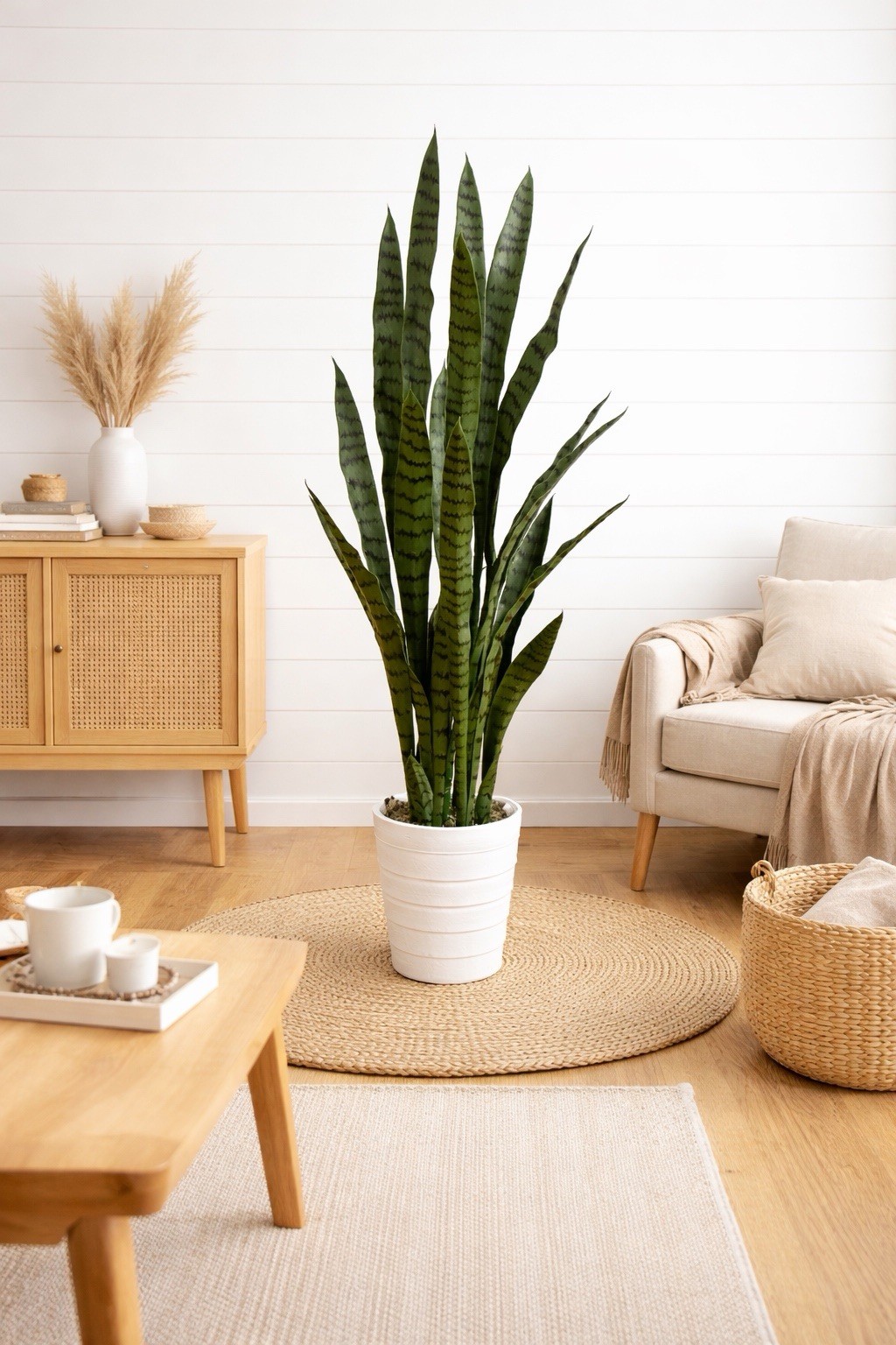 4’ UV Resistant Artificial Sansevieria Plant in White Planter (Indoor/Outdoor)