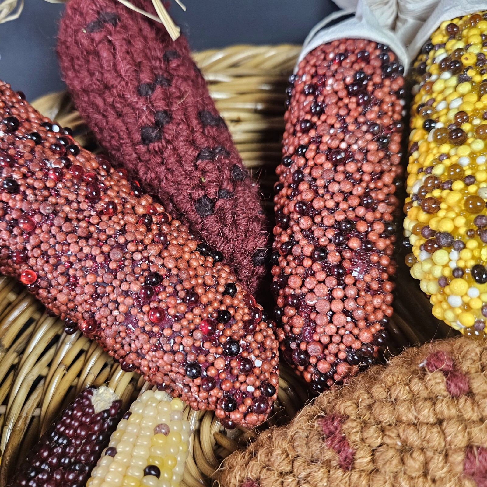 Beaded Indian Corn Cob Mix Lot Styrofoam Acrylic Yarn Thanksgiving Autumn Decor