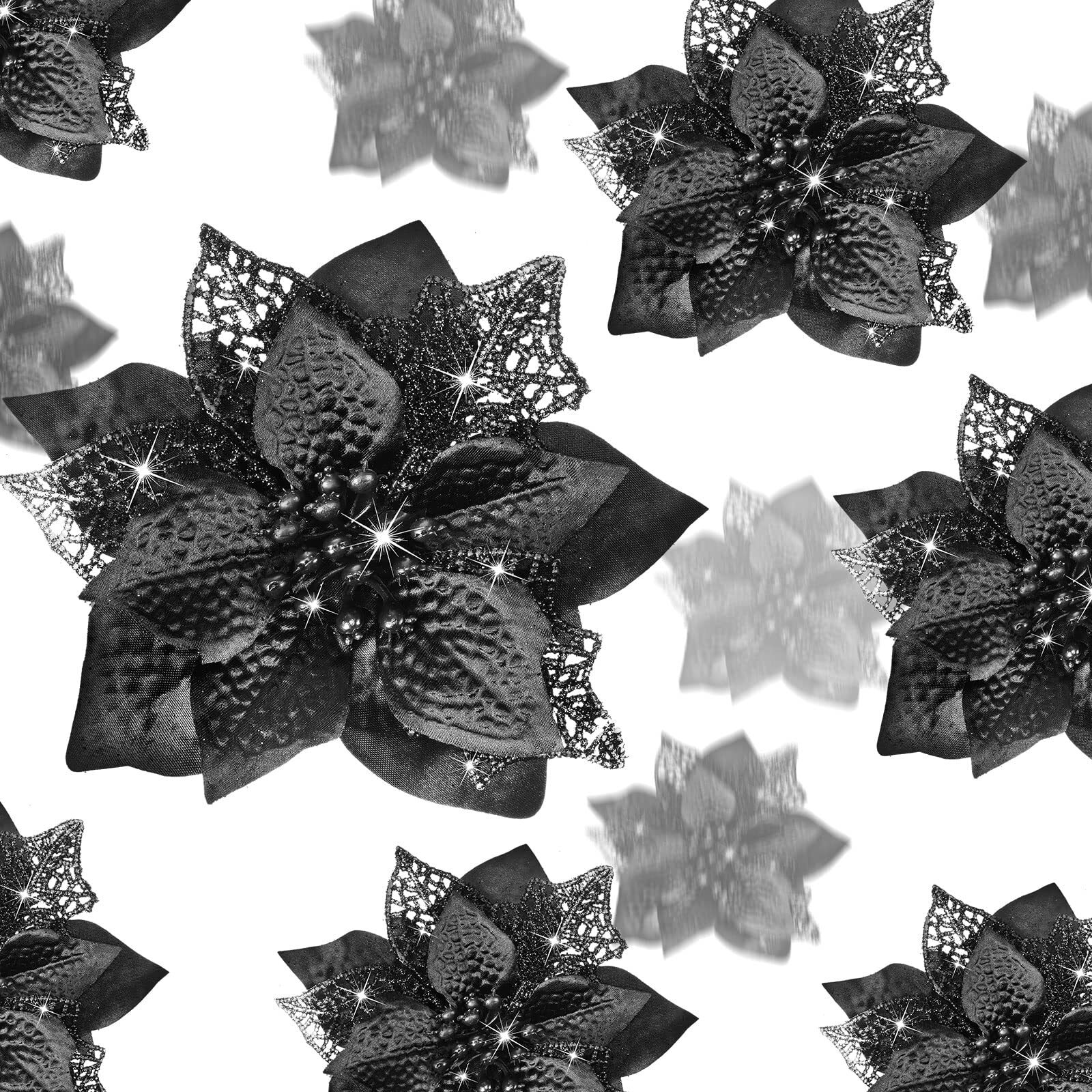 Black Christmas Poinsettia 36pcs Glitter Faux Flowers Xmas Tree Ornaments