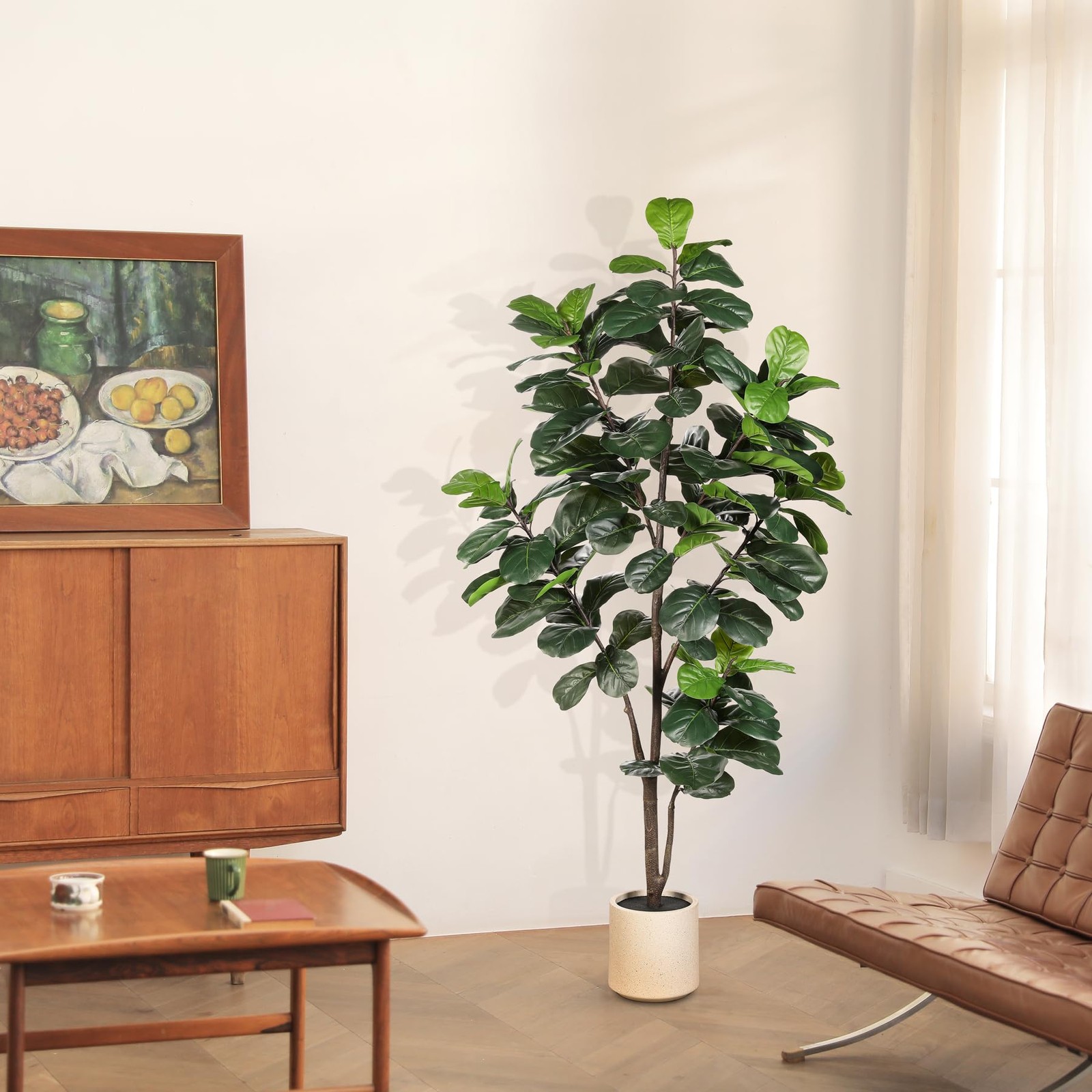 Fiddle Leaf Fig Tree Artificial – 6ft Faux Fiddle Leaf Fig Tree with White Pl…