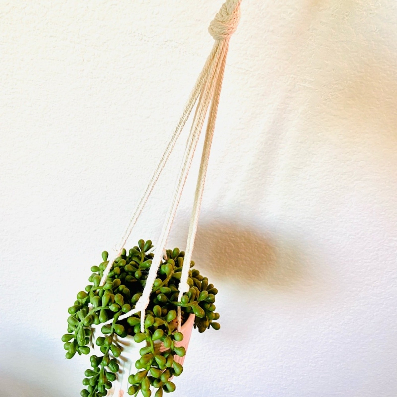 Macrame Faux Plant Planter White Ceramic Etched Pot Accent Decor String Pearls