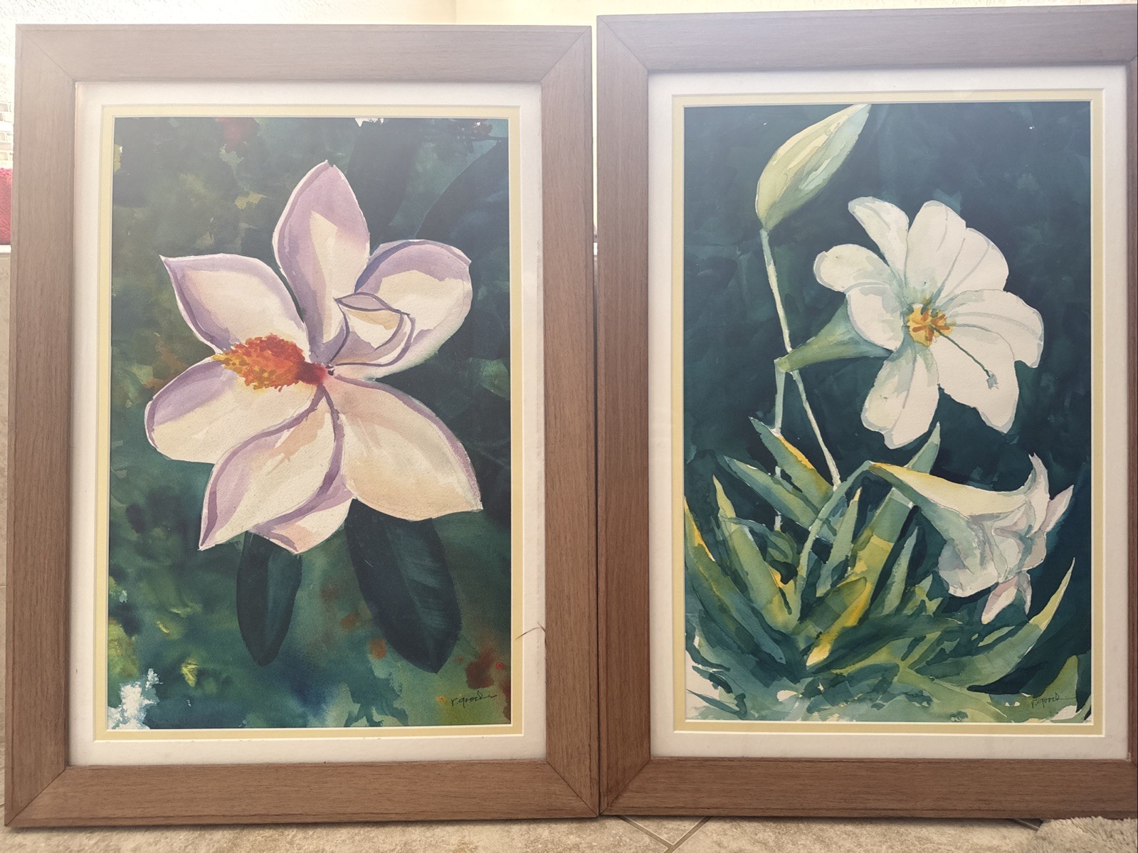 Original Watercolor Botanical Art Set – Framed Magnolia & Lily – Vintage Decor