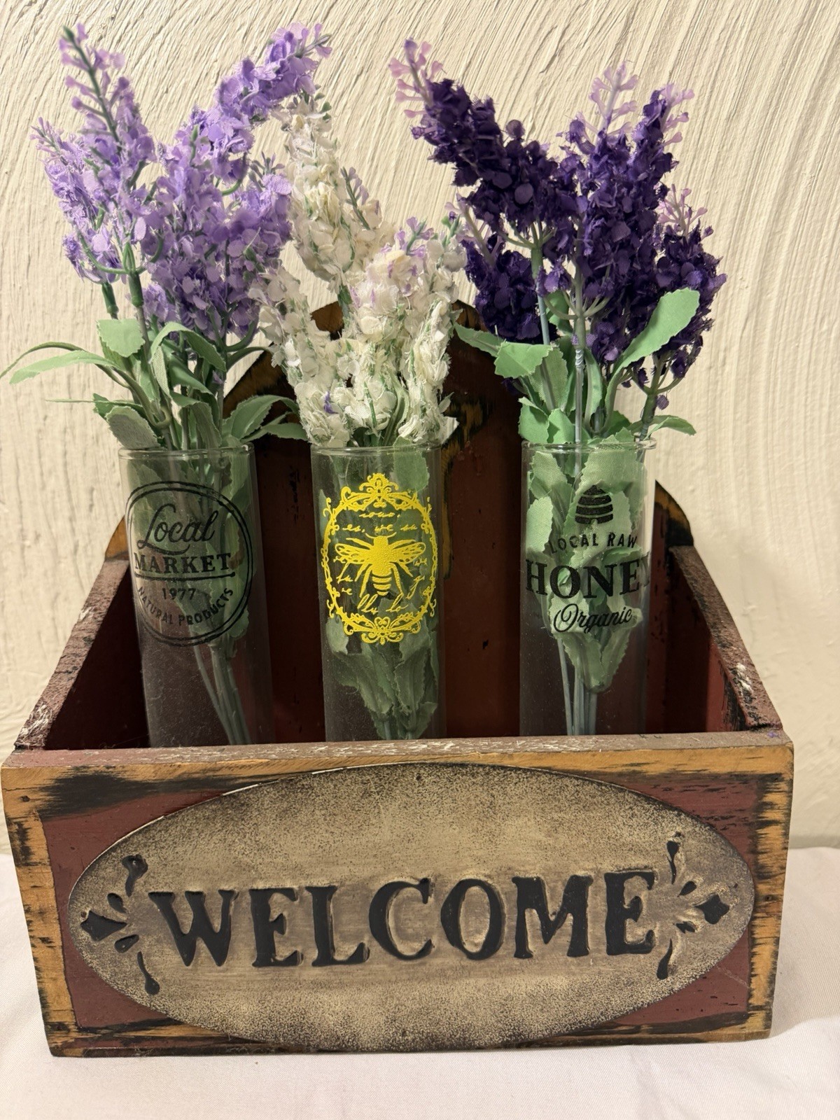 Welcome Spring Artificial Lavender Flowers Wooden Box Glass Set 3