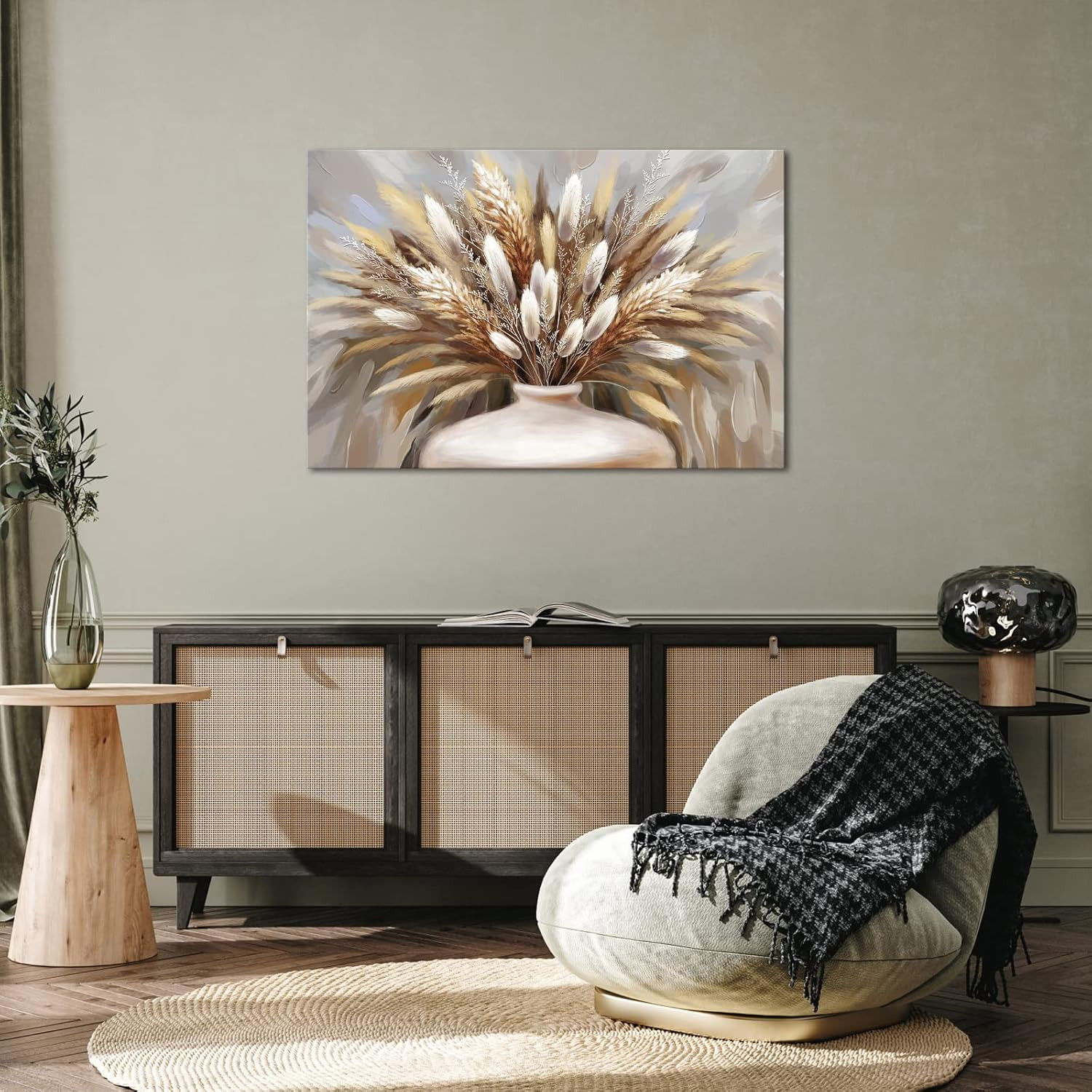 Boho Pampas Grass Wall Art – Framed Canvas Print for Home Decor 24×36 Inch