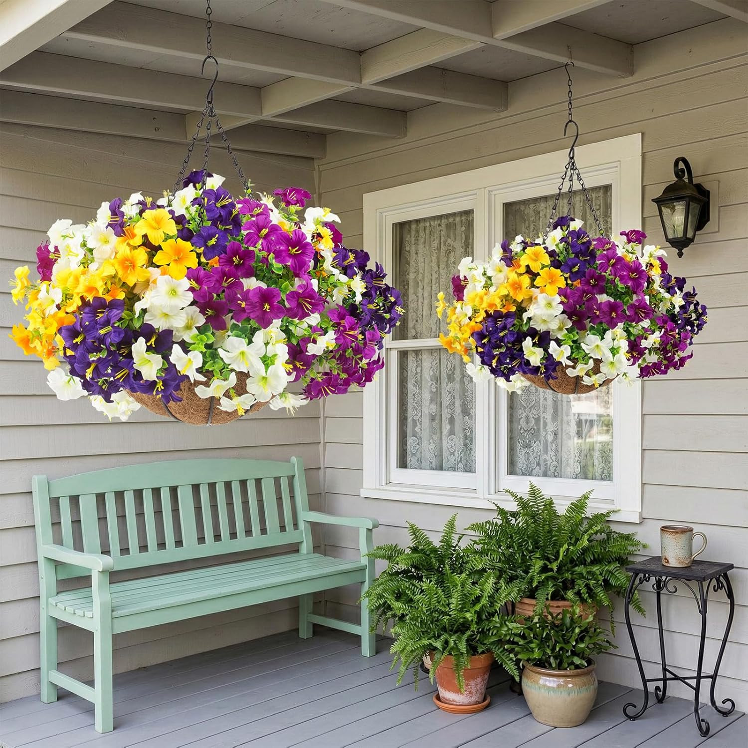2 Set Artificial Outdoor Flowers with Hanging Baskets,24 Pcs UV Resistant Faux P