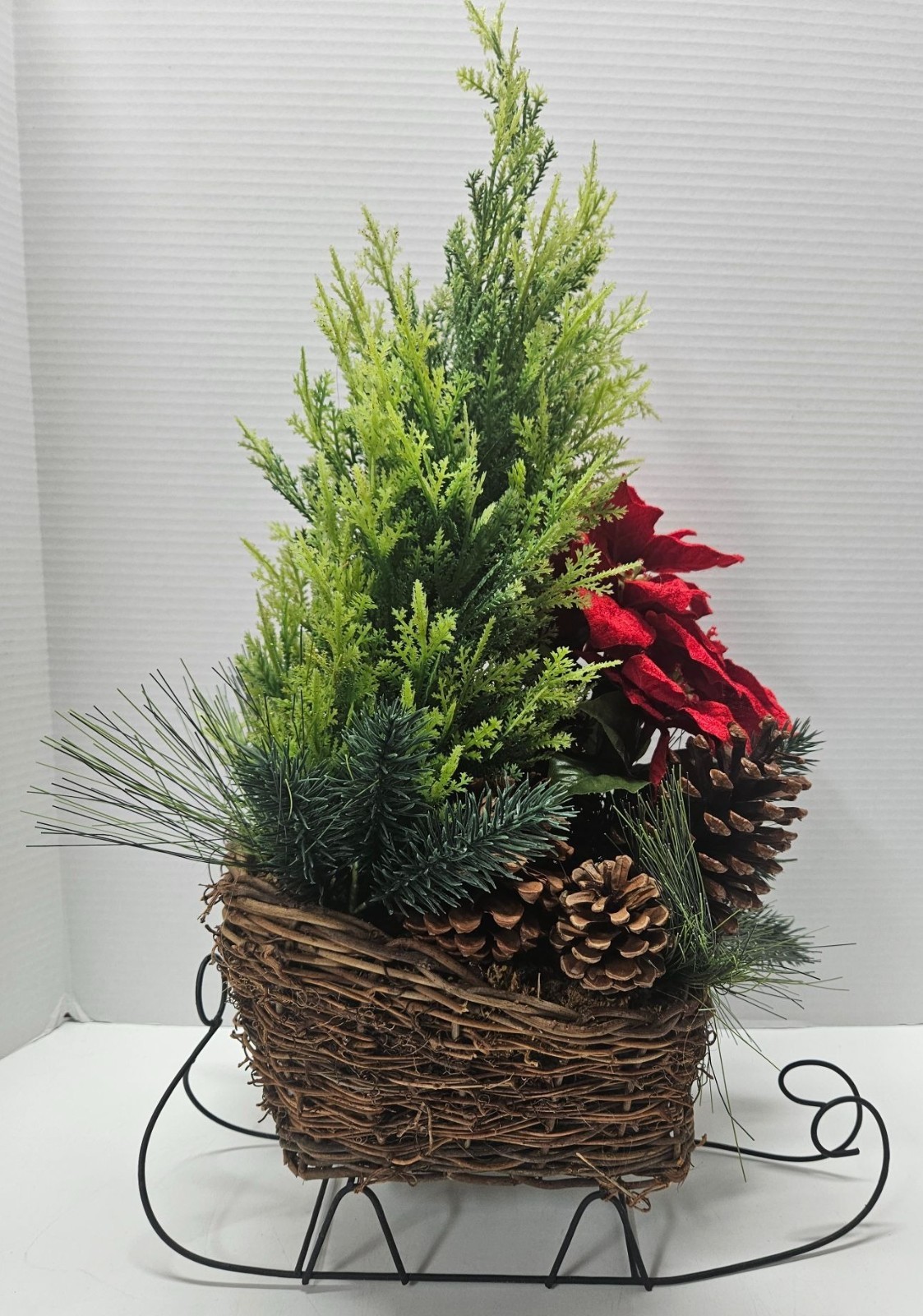 Christmas Sleigh Centerpiece Faux Cedar Pine Poinsettia Burlap Wicker 21in Metal