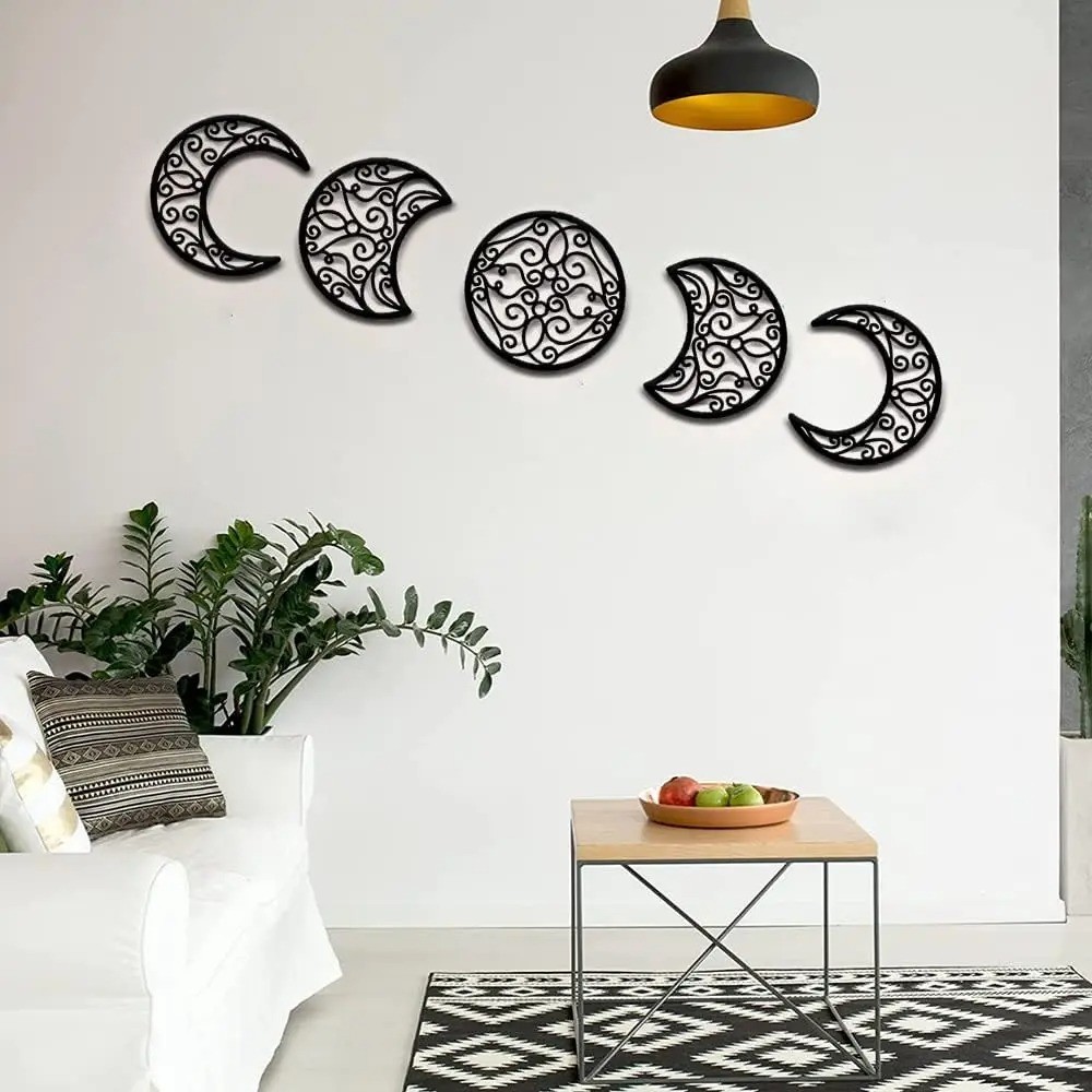 5-Piece Black Moon Phase Metal Wall Art – Nordic Boho Living Room Bedroom Decor