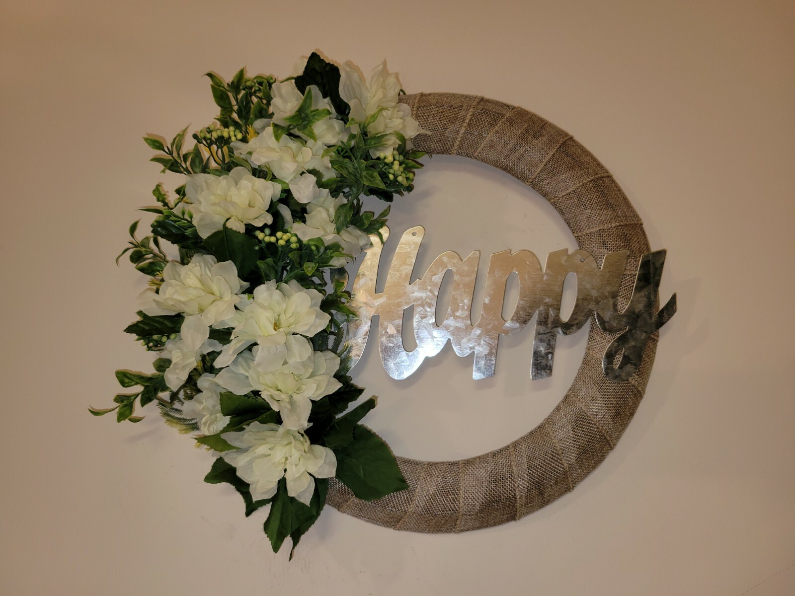 HAPPY white green Dahlias Zinnias burlap WREATH flowers Decor Front Door 16″ new
