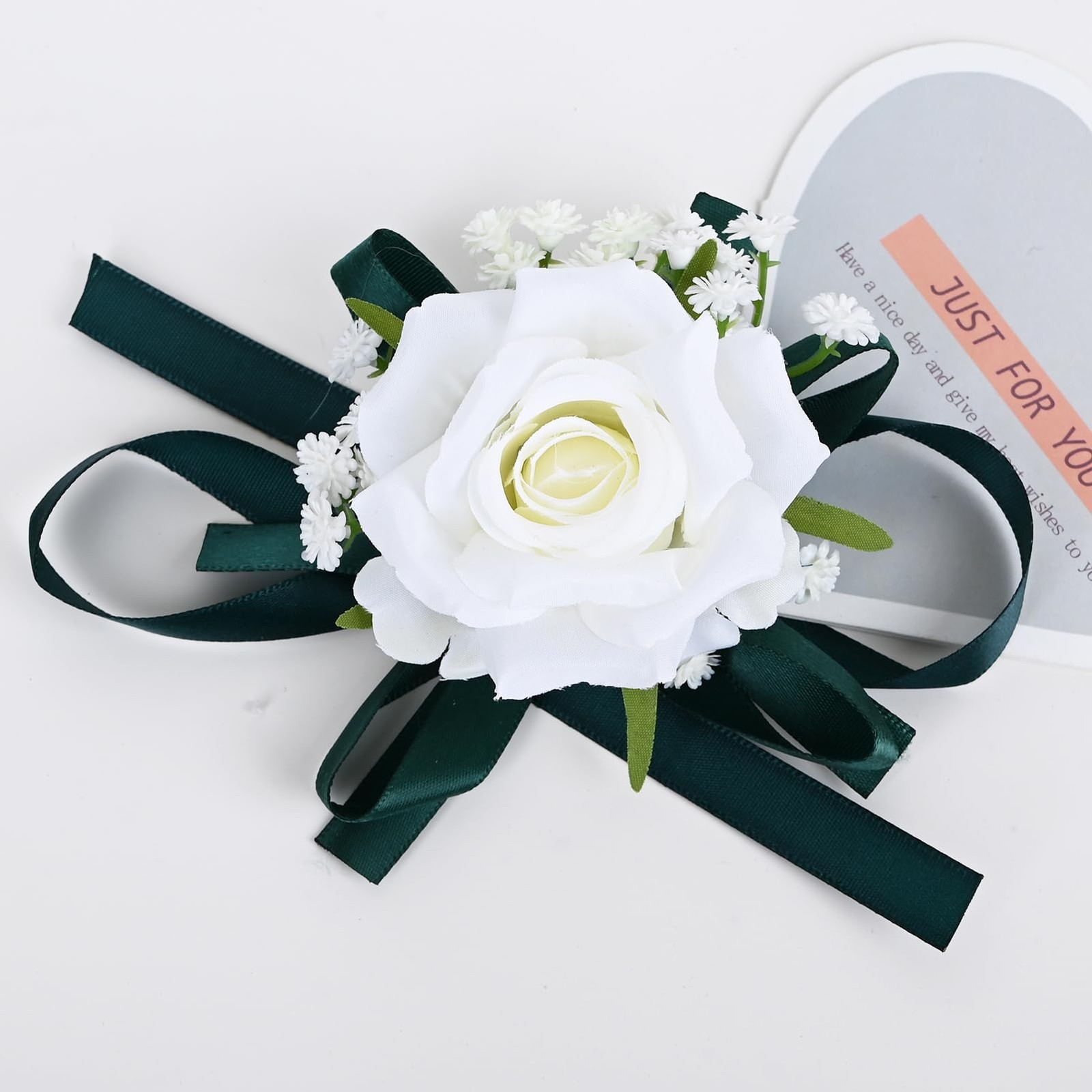 2 PCS White+Dark Green Artificial Wrist Corsage Boutonniere Set Prom
